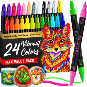 ARTISTRO 24 Precision Dual-Tip Acrylic Paint Markers Paint Pens Set with Dot & Fine Tips for Fabric, Rock, Glass, Wood, Coloring Books Classroom & Art Supplies Gift Teacher Appreciation Gift