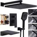 Shower System with Tub Spout 10 Inch Overhead Shower 4 Setting Handheld Spray Rough In Pressure Balance Valve Body with Trim Kit Wall Mounted Rainfall Bathtub Shower Faucet Set, Matte Black 10 Inch Original Model, with Tub Spout