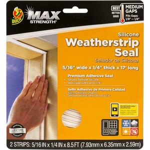Duck MAX Strength Silicone Weatherstrip Seal, Self-Adhesive Premium Weatherproofing, .3125-Inch x .25-Inch x 17 Feet Long Total, White, 1-Roll, 281209