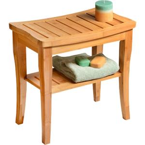 Bamboo Shower Bench - Small Wooden Shower Stool with Storage Shelf, Non-Slip Bathroom Seat, Spa Decor Bath Bench, Foot Rest Shaving Stool for Shower, Indoor Outdoor Use, Great Gift Idea (17" x 9 x 17)