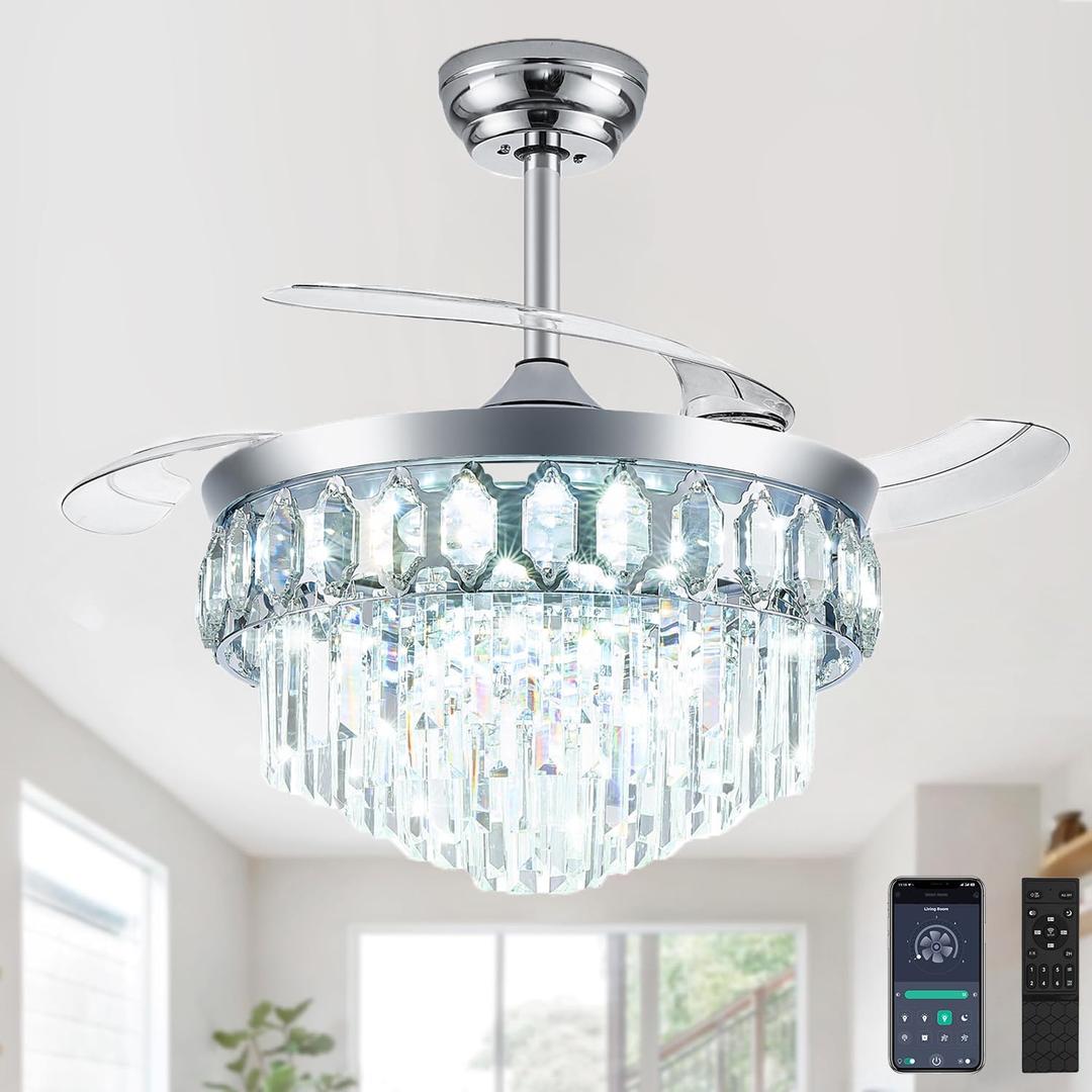 42'' Fandelier Ceiling Fan with Light, Chandelier Ceiling Fan with Lights Retractable Fan for Bedroom, Living Room, LED Dimmable, 3 Color, 6 Wind Speed-Chrome