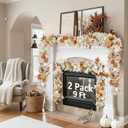 Neutral Fall Garland for Mantle Fireplace - 2 Pack Toatal 18Ft Outdoor Autumn Leaves Decor for Home Front Door with Pumpkins Indoor Maple for Farmhouse Stairs Porch Halloween Thanksgiving Decorations (9Ft)