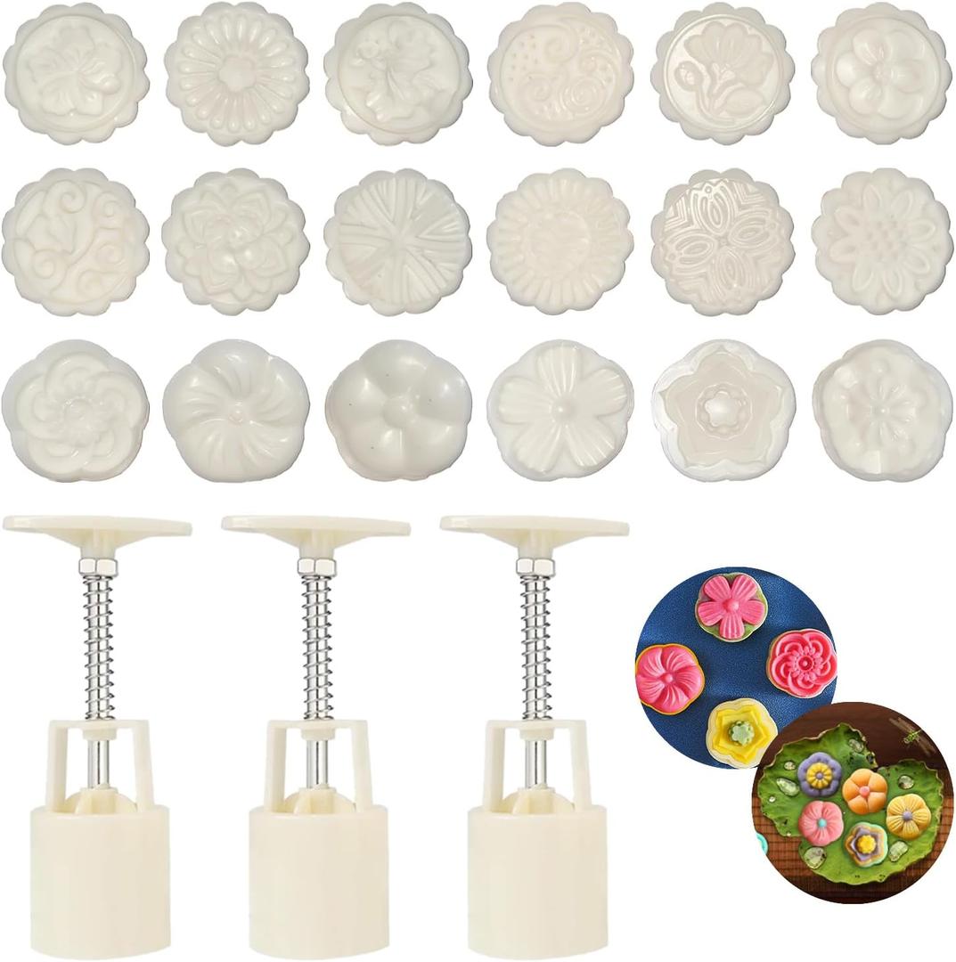 21 Pieces Bath Bomb Press Mold Kit, MaehSab 3 Pcs Round Shower Steamer Molds with 18 Flower Pattern Stamps DIY Tools, Moon Cake Making Mold for Mid-Autumn Festival, Dessert Baking