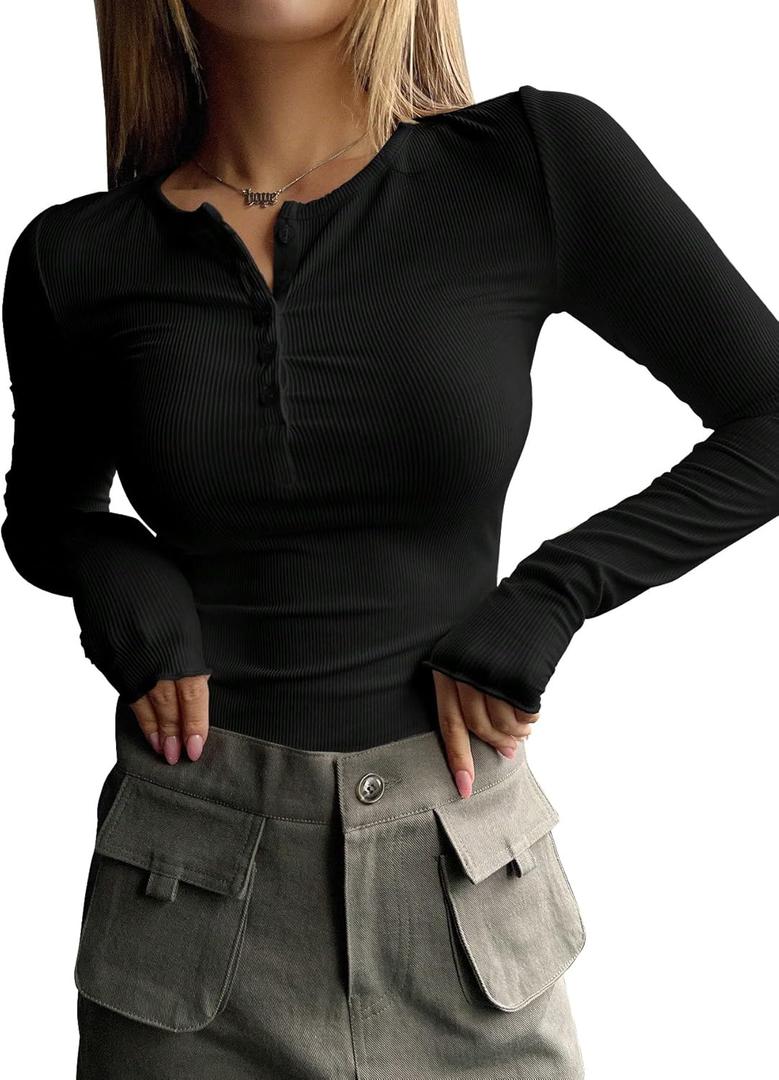 Women's Long Sleeve Tee Shirts Button Down Slim Fitted Basic Henley Tops Fall Ribbed Knit Shirts (Black, M)