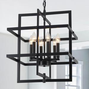 22.04" Modern Black Chandelier Geometric Pendant Light Fixture Hanging Industrial Farmhouse Chandeliers for Dining Room Kitchen Island Living Room Entryway Foyer Hallway 6 Light