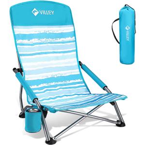 VILLEY Low Beach Chair, High Back Folding Chair for Adults, Lightweight and Portable for Outdoor, Camping, Lawn, Music Festival, with Cup Holder and Carry Bag - Blue Stripes