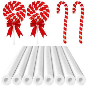 Sratte 8 Pcs Christmas Foam Noodles with Packaging Tape 55 Inch Hollow Foam Noodles for Christmas Decor DIY Craft Projects (White Noodle, Red Tape)