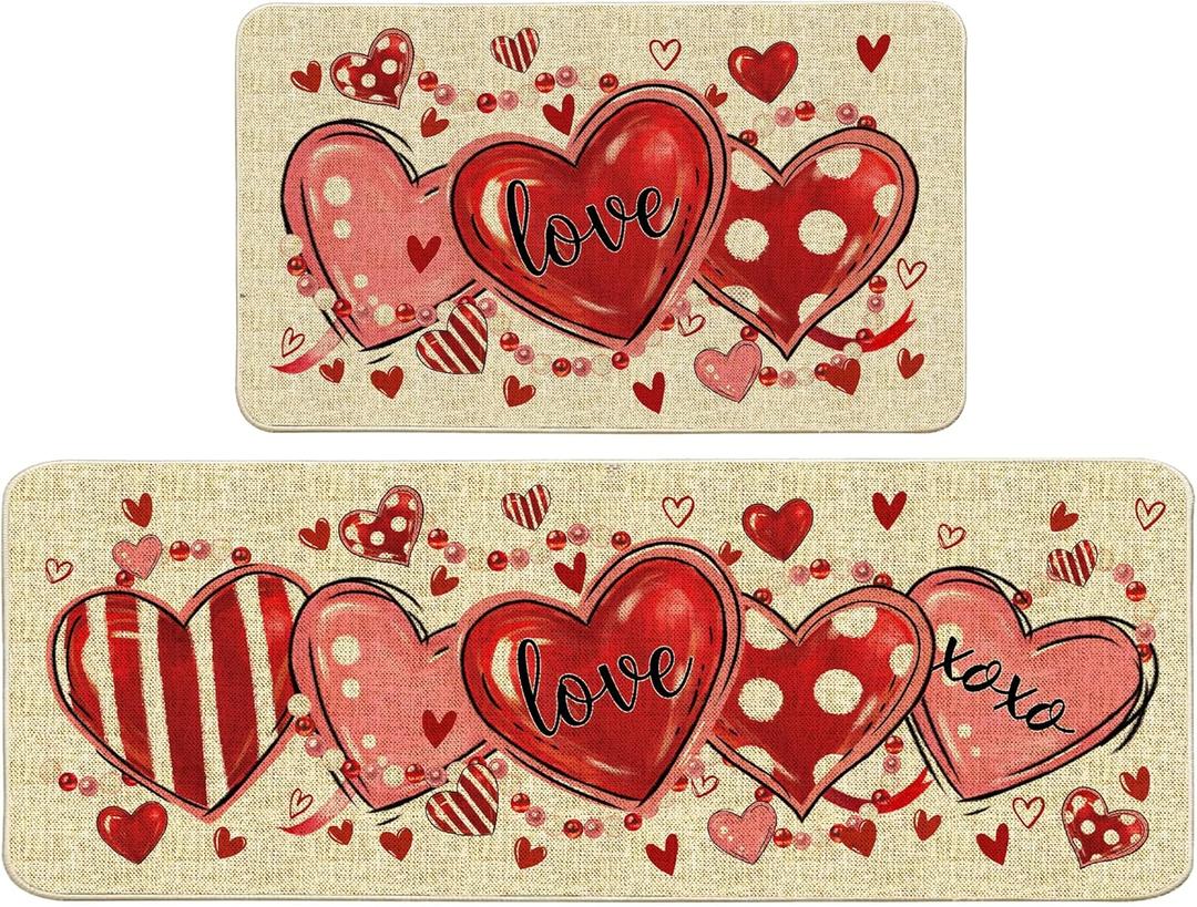 FUTBU Valentines Day Kitchen Rugs and Mats Set of 2, Red Love Heart Kitchen Decor, Farmhouse Valentine's Day Anti Fatigue Mats for Floor Decorations, Pink Rug Mat Home Decor 17"x27"+17"x47"