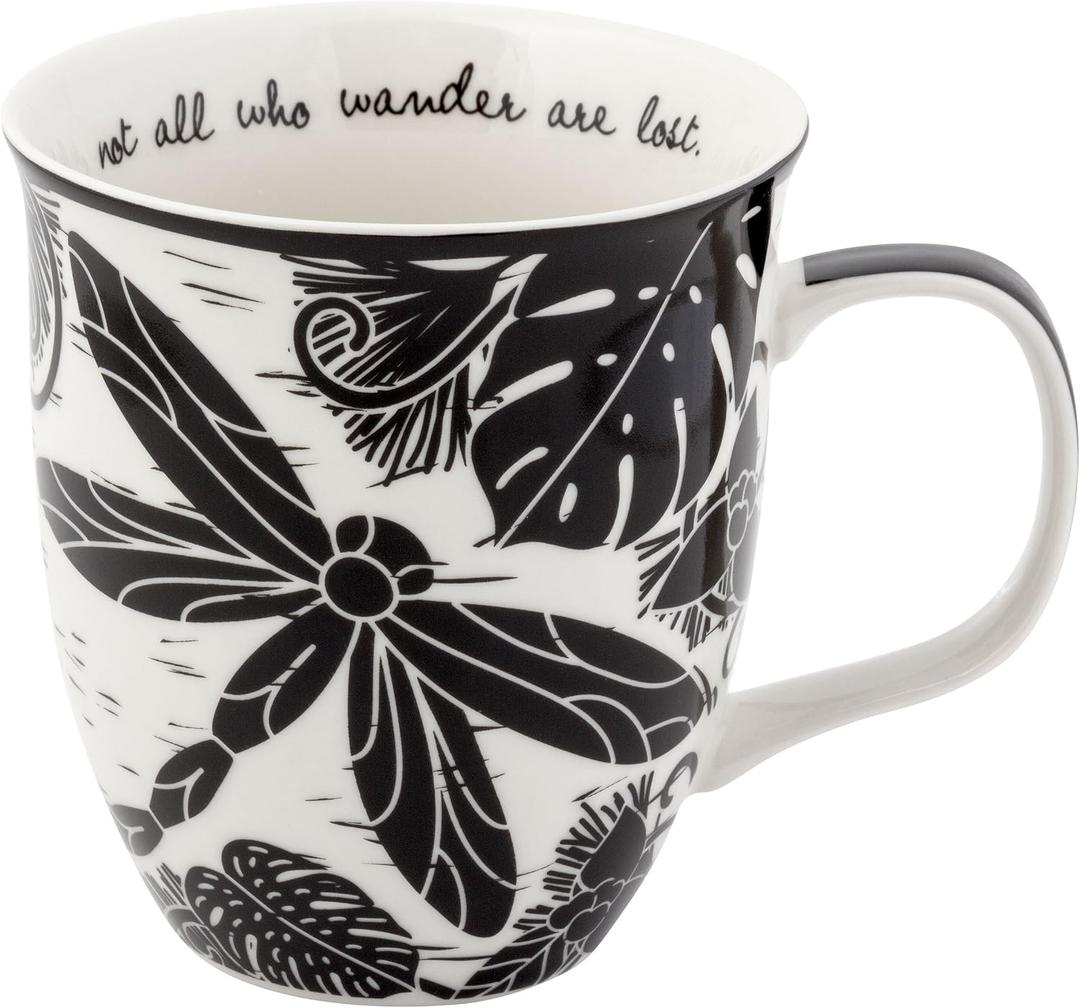 Karma Gifts 14 oz Black and White Boho Mug Dragonfly - Cute Coffee and Tea Mug - Ceramic Coffee Mugs for Women and Men