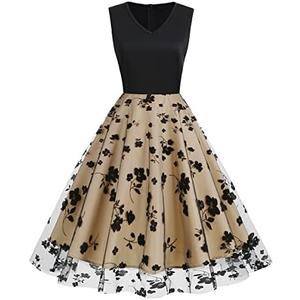 Women Keyhole Floral Embroidery Dress Sheer Mesh Illusion Vintage Cocktail Swing Dress Wedding Party Prom Tulle Evening Dress Size M L