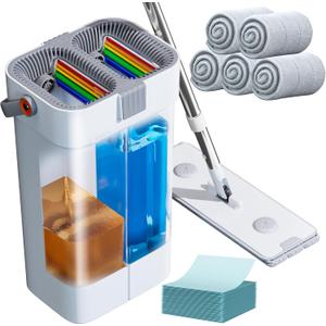 Mop and Bucket Set, Flat Mop and Bucket System, Mop Bucket with Wringer, Wall Mop with Adjustable Handle (Max 61 Inches), 5 Washable Microfiber Mop Pads