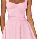 IWD Women's Square Neck Sleeveless Mini Dress Ruched Waist Tiered Ruffle Hem A Line Short Dresses (Medium, Light Pink)