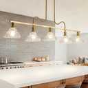 Vintage Chandelier Light, 5-Light Brass Pendant Lights Kitchen Island Lighting with Flower Glass Shade, Ceiling Hanging Light Farmhouse Chandeliers for Dining Room