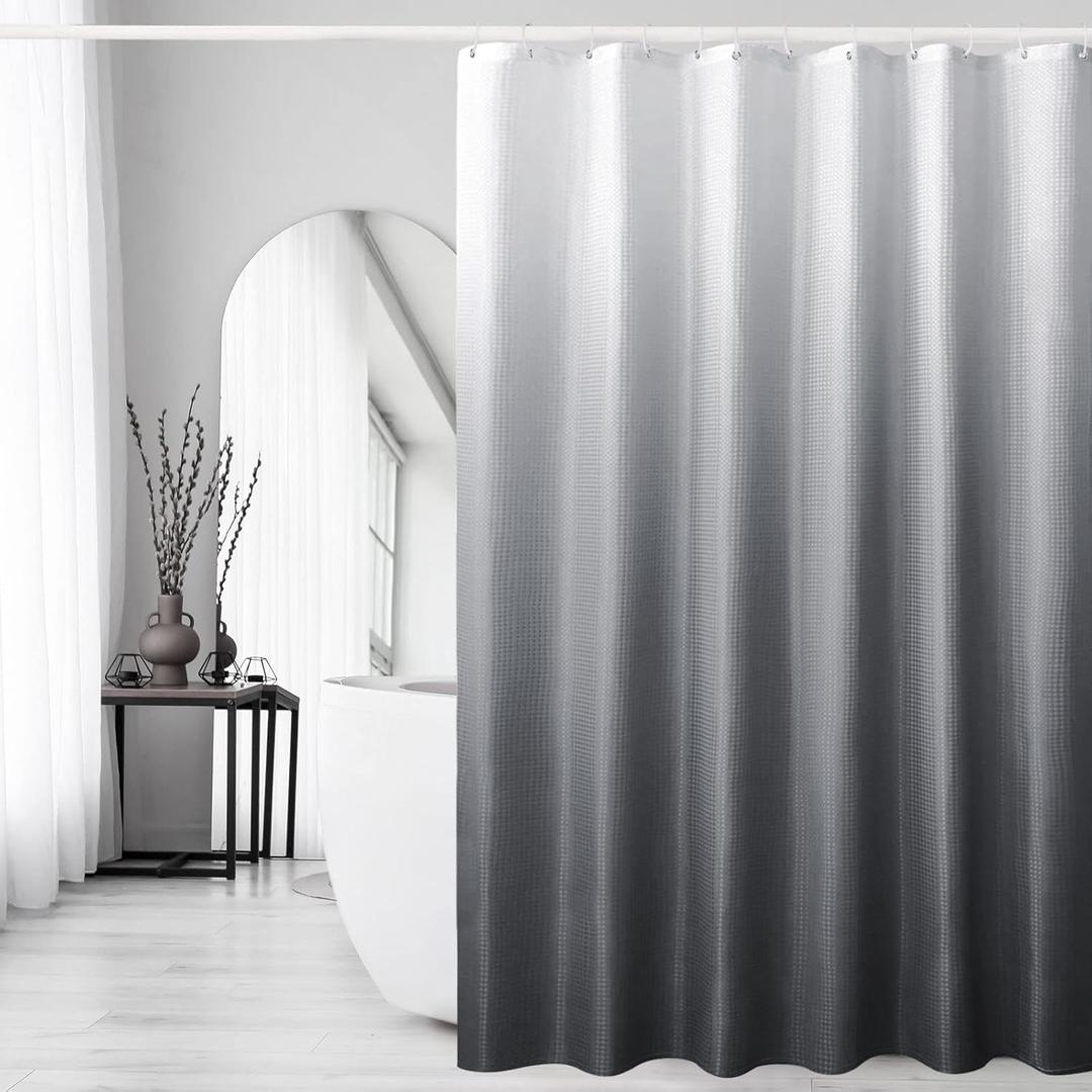 Gibelle Extra Long Shower Curtain 72" x 84", Tall Grey Ombre Shower Curtain for Bathroom, Waffle Weave Fabric Shower Curtain Set with Hooks, Water Repellent, Machine Washable