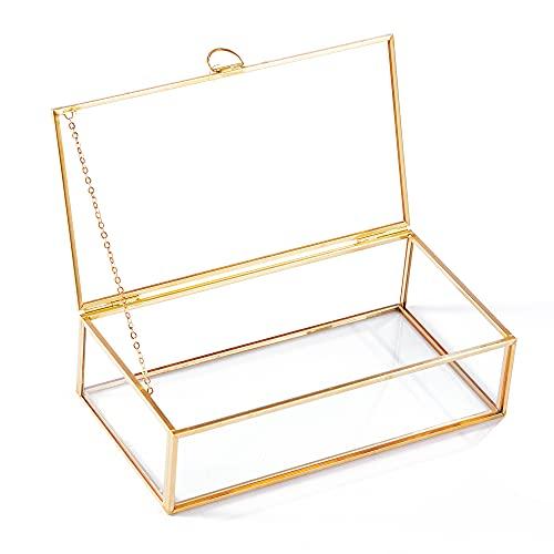 HCENJOC Golden Vintage Glass Lidded Box Edge Bracelet Keepsake Decorative Jewelry Display Home Decor (8x4.5x2 in). 2 pack