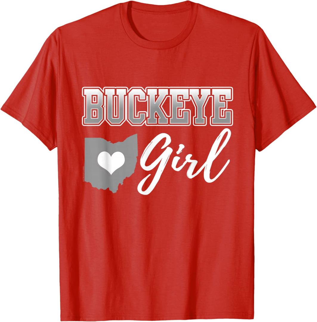 Buckeye Girl Ohio Home Heart State Map Shape Womens Red T-Shirt, XS