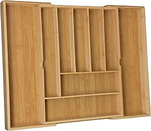 SerOcean Expandable Bamboo Drawer Organizer for Kitchen Utensils, Lux Stylish Organizer Tray for Cutlery. Easy Storage with 7-9 Compartments for Silverware, Utensils and Cutlery. Bamboo Drawer Divider