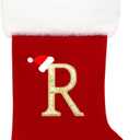 Eoocan 20 Inches Monogram Christmas Stockings Red Velvet with White Super Soft Plush Cuff Embroidered Xmas Stockings Classic Personalized Stocking Decorations for Family Holiday Season Decor(Letter R)