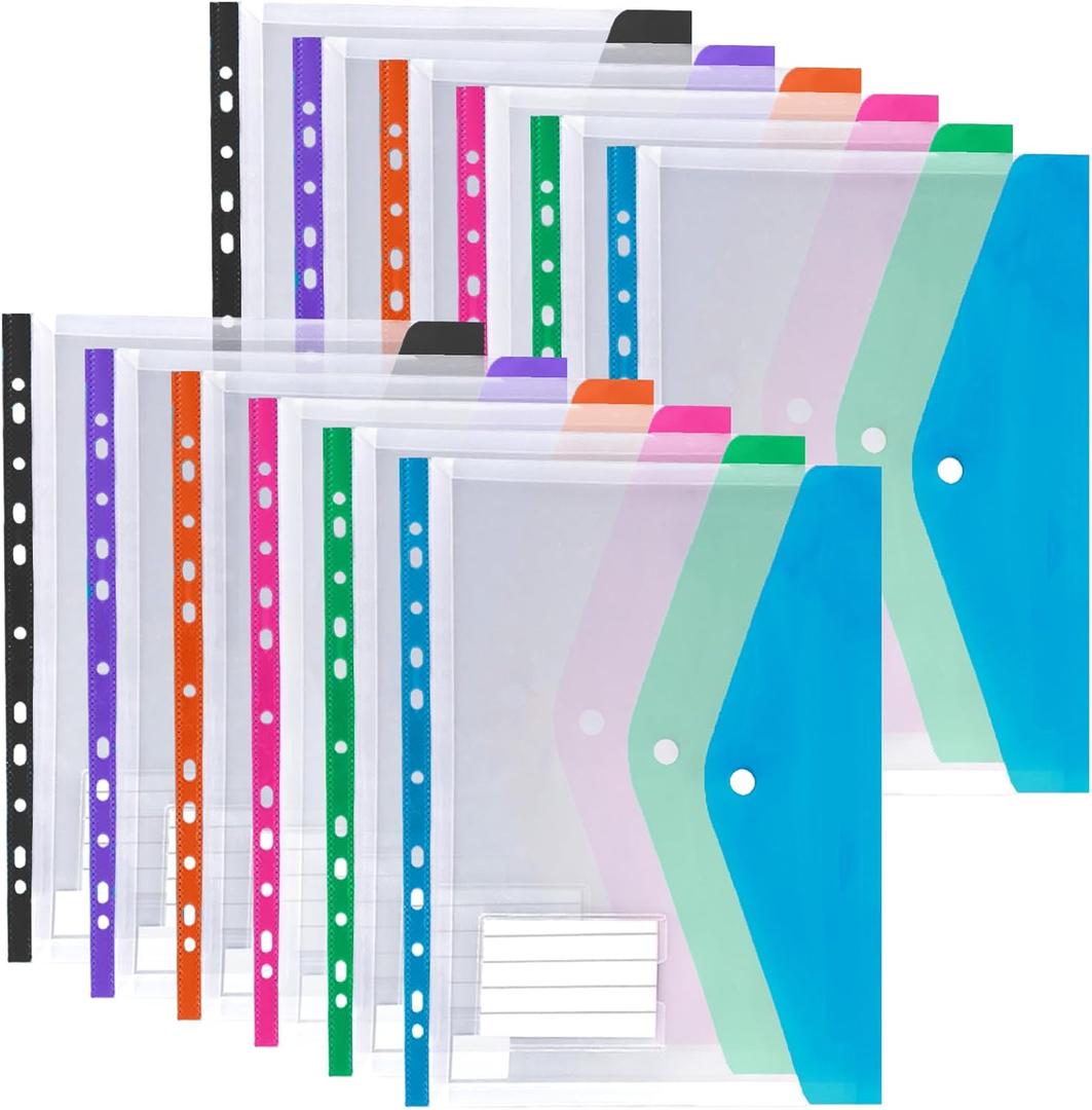 12 Pack Binder Pockets for 2/3/4 Ring Binder, Binder Folders with Snap Button and Label, Expandable Plastic Envelopes Binder Organizer Folders with 11 Holes for School Office Home (B - Side Open)