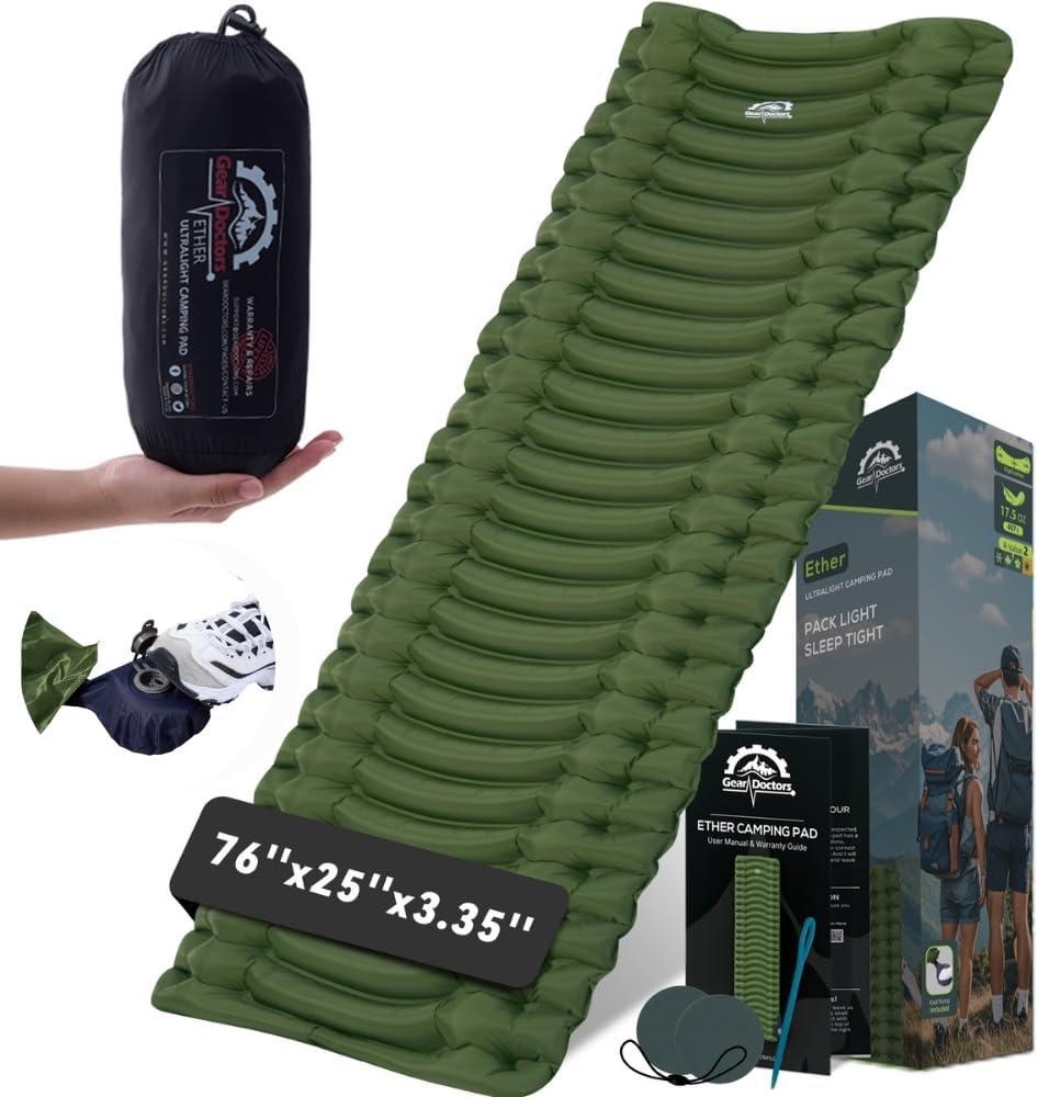 GearDoctors Ether Ultralight Sleeping Pad 17.5oz Compact Camping Air Mattress Inflatable Sleeping Mat for Backpacking, Hiking, Tent, Outdoor Travel, Ether