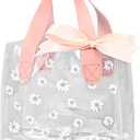 TSAZZZ 48 Pcs Clear Daisy Gift Bags With Handles Plastic PVC Goodie Bags With Ribbon Small Gift Bag For Wedding Birthday Baby Shower Party Valentines Pink (7.8"*7"*3.9")