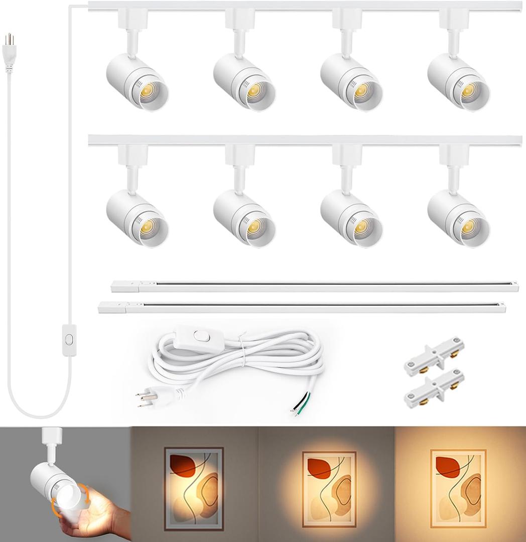 Zoomable Plug in Track Lighting with Power Cord, 8-Light LED Track Lighting Kit with 6.6FT H Type Track Lighting Rails, Modern Kitchen Track Lighting Fixtures Ceiling Spot Light, 3000K White