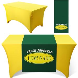 Oudain Lemonade Stand Tablecloth with Table Runner, 6ft Stretch Spandex Lemonade Stand Table Cover Summer Party Tablecover for Lemon Theme Birthday Party Supplies(Yellow)