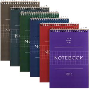 Juvale 6 Pack Quad Ruled 6x9 Inch Top Bound Spiral Graph Paper Notebook - 80 Sheets / 160 Writable Page Steno Notepads for Writing, Sketching, Drawing, School Supplies (6 Colors)