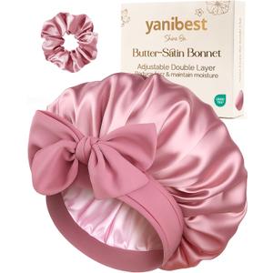 YANIBEST Adjustable Double Layer Satin Bonnet, Silk Hair Bonnet for Sleeping with Elastic Tie Curly Natural Hair Reduce frizz (One Size, Beanpaste Pink)
