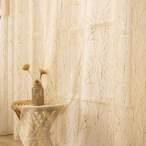 Deeprove Beige Sheer Curtains 84 inchs Long 2 Panels Set, Tree Branch Gold Foil Print Metallic for Bedroom Abstract Christmas Decor,Voile Window Treatment Drapes Pair, Rod Pocket, W52 x L 84"
