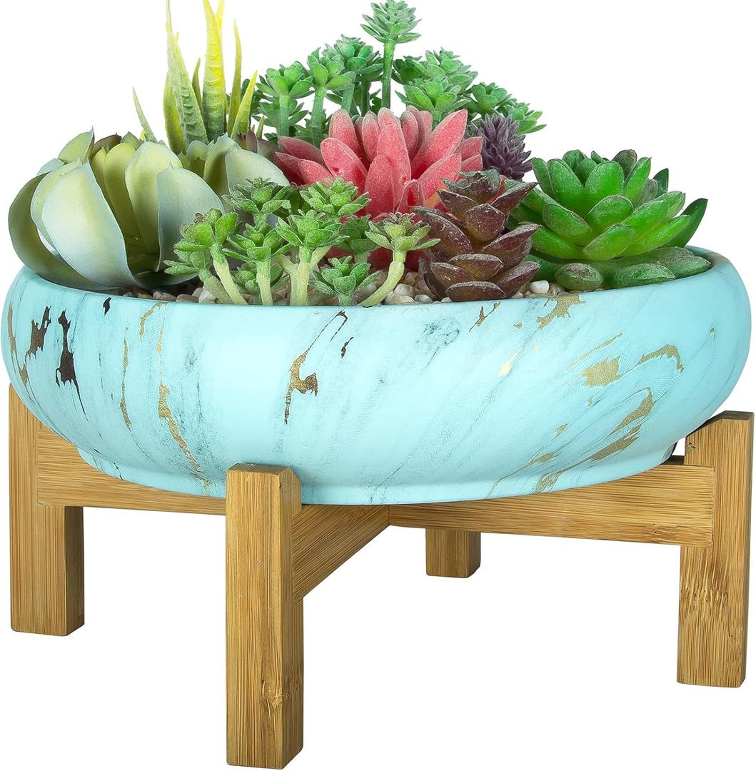 ARTKETTY Succulent Pots - 10 Inch Large Bonsai Pots with Drainage Stand, Ceramic Planters for Indoor Plants, Round Marble Cactus Flower Plant Container Bowl (Lake Blue)