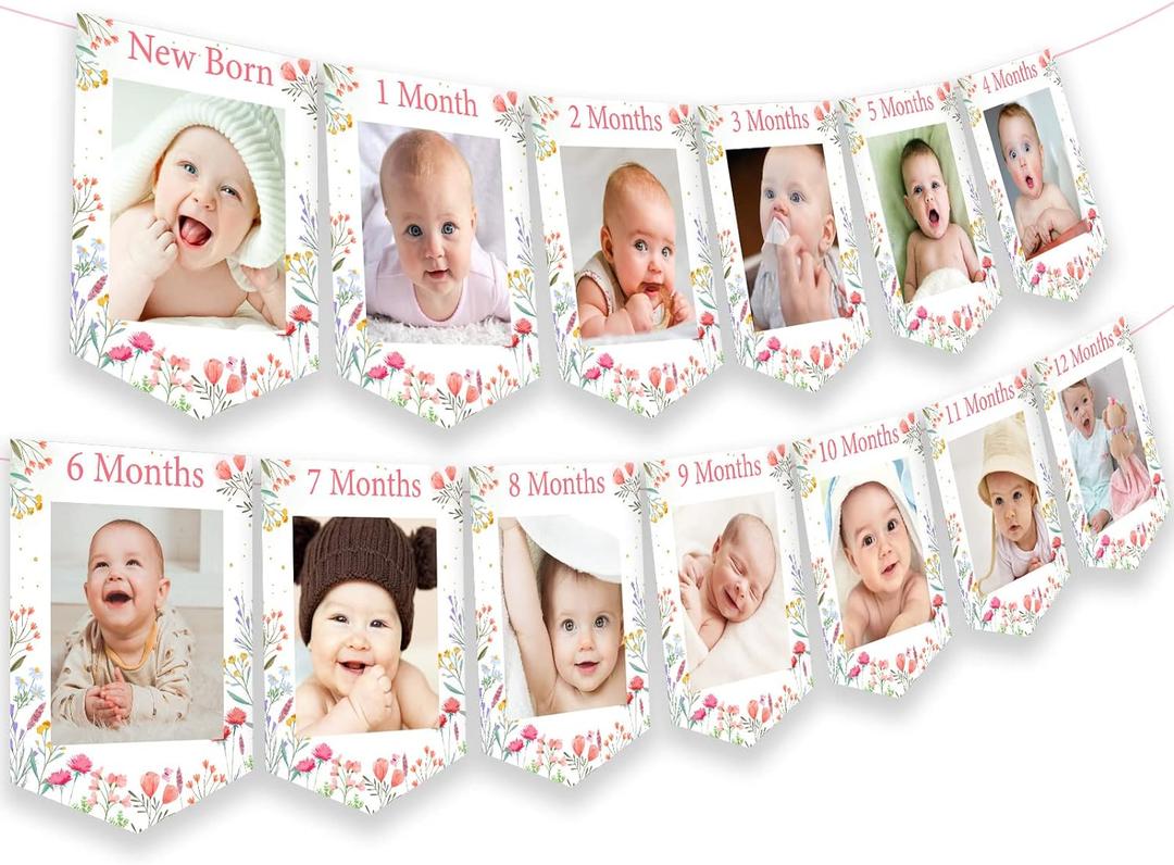 Wildflower Theme 1st Birthday Photo Banner from Newborn to 12 Months for Girls, Growth Record Monthly Milestone Picture Banner First Birthday Party Decorations for 1 Year Old Girl