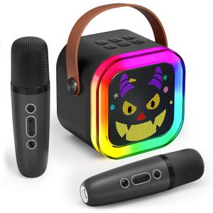 Mini Karaoke Machine with 2 Wireless Microphone for Kids Girls & Boys - Portable Bluetooth Speaker Kids Gifts for Girls Ages 4-12 Year Old Black Monster Style