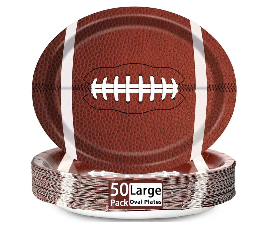 Qyeahkj 50 PCS Football Oval Paper Plates Large 11” Disposable American Rugby Sport Party Decorations Touch Down Boy Supplies Favor for Birthday BBQ Gathering Picnic Carnival Party Tableware Set