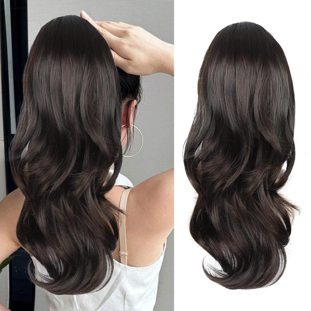 Ponytail Extension, Drawstring Ponytail Extension for Women Long Black Brown Wavy Pony Tails Hair Extensions Synthetic Wavy Clip in Ponytail Hairpiece for Women