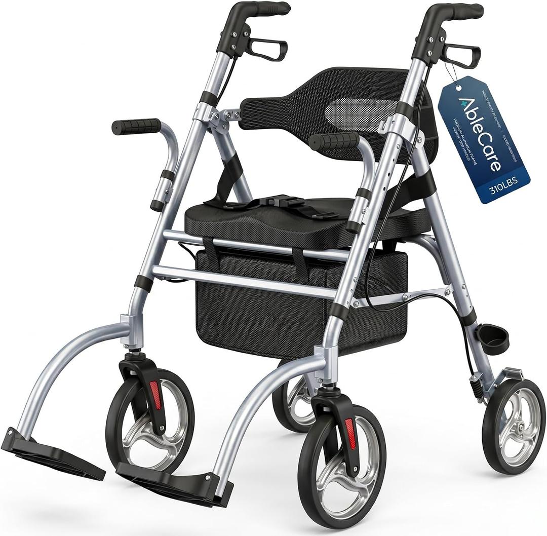 Updated Rollator Walker for Seniors with Seat, 2 in 1 Rolling Walker Wheelchair Combo for Mobility-Impaired, Dual Height Adjustment, Lightweight & Foldable Rollator, Capacity 310lbs (Grey)