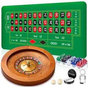20'' Wooden Roulette Wheel Game Set Include 20'' Solid Wood Roulette Wheel with 4 Roulette Balls 35" x 16" Rubber Portable Roulette Tabletop Layout Mat 100 Chips Roulette Marker Dealer Button