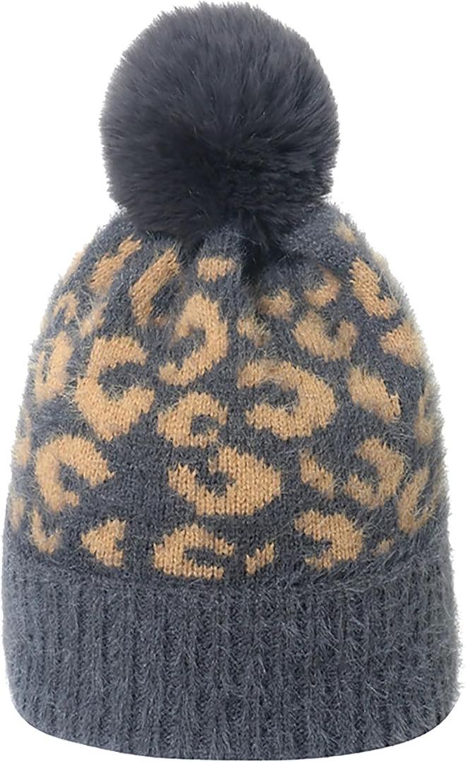 Leopard Print Beanie Hat Cheetah Animal Pattern Skull Cap Knit Cuffed Watch Hats with Fur Pom Pom (One Size-Large, Gray)