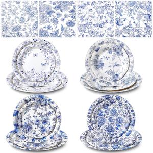 60 Pcs Chinoiserie Blue Floral Paper Plates and Napkins Blue and White Flora Disposable Tableware Set, Serve 20, Vintage Flower for Wedding Bridal Shower Party Supplies Baby Shower and So on