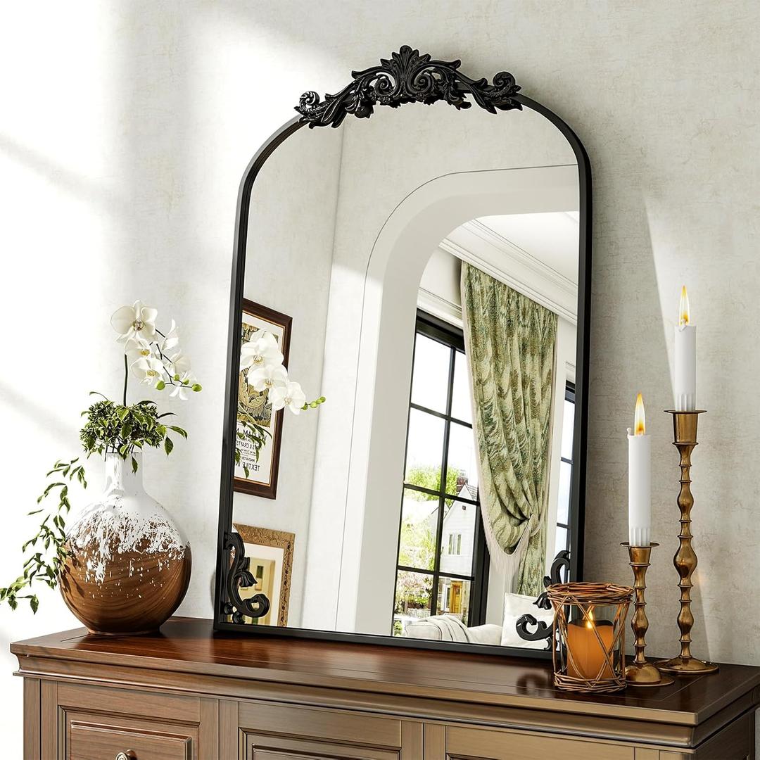 BEAUTYPEAK 26x38 Arched Mirror, Black Traditional Vintage Ornate Baroque Wall Mirror for Bathroom, Bedroom, Hallway, or Fireplace Decor