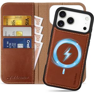 SHIELDON 2-in-1 Genuine Leather Case Wallet for iPhone 17 Pro Max 6.9" | Wireless Charging, Detachable, Magnetic, RFID Blocking Card Slot, Kickstand, Shockproof Protective Cover 2025 - Retro Brown