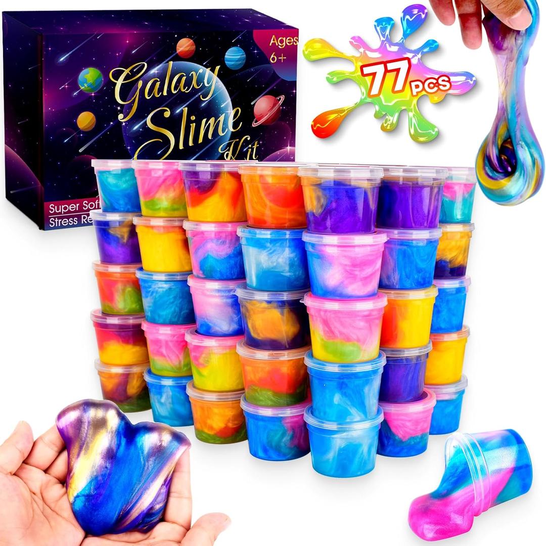 Galaxy Slime Party Favors, 77 Pack Galaxy Slime Set for Kids, Stretchy Non-Sticky Mini Slime Pack, Goodie Bag Christmas Stuffers for Girls Boys