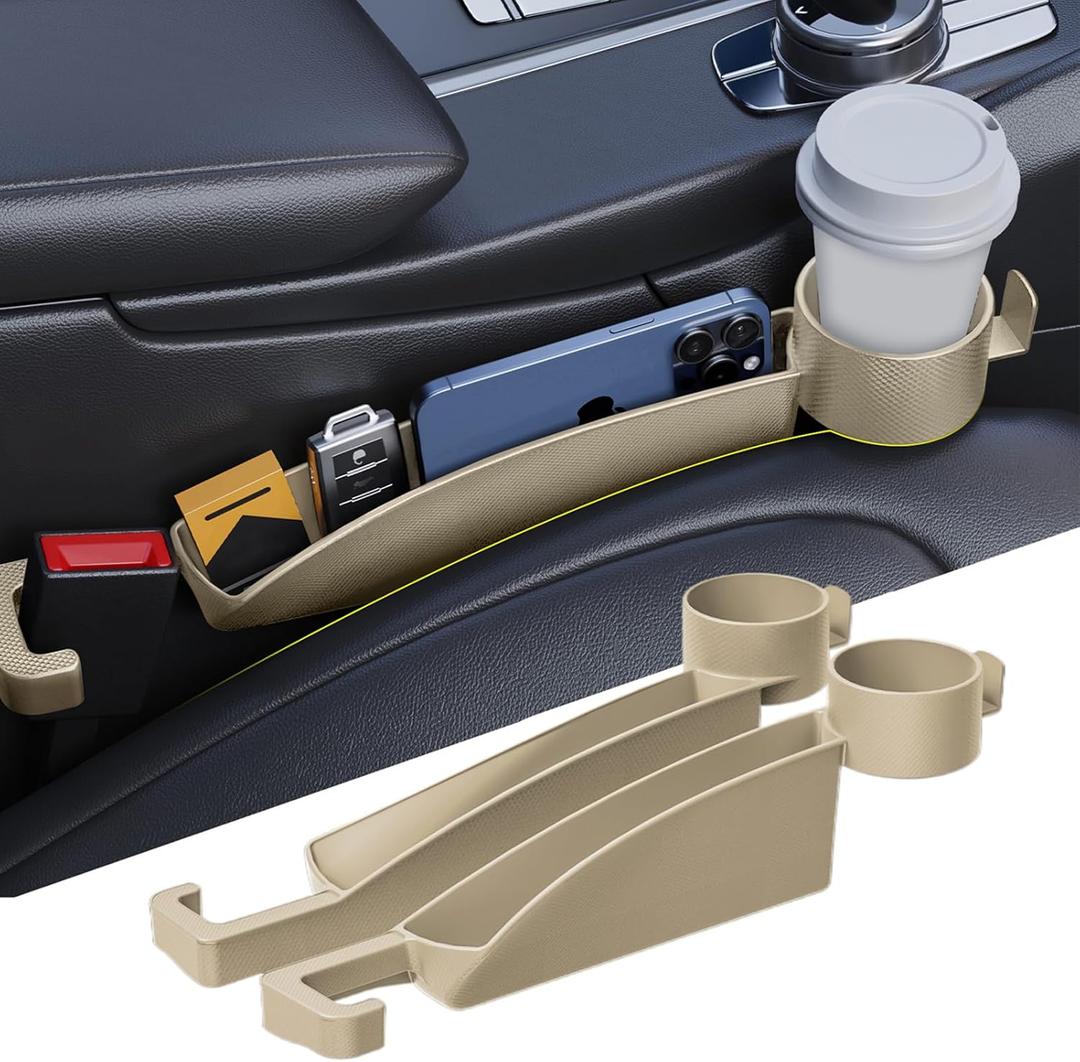 Car Seat Gap Filler Set of 2, Upgraded Car Side Seat Gap Fillers with Organizer, Cup Holder & Hook Function, Inserts Between Front Seats Console Catcher 4in1 Gap Stopper Fill Plug Storage Box (Beige)