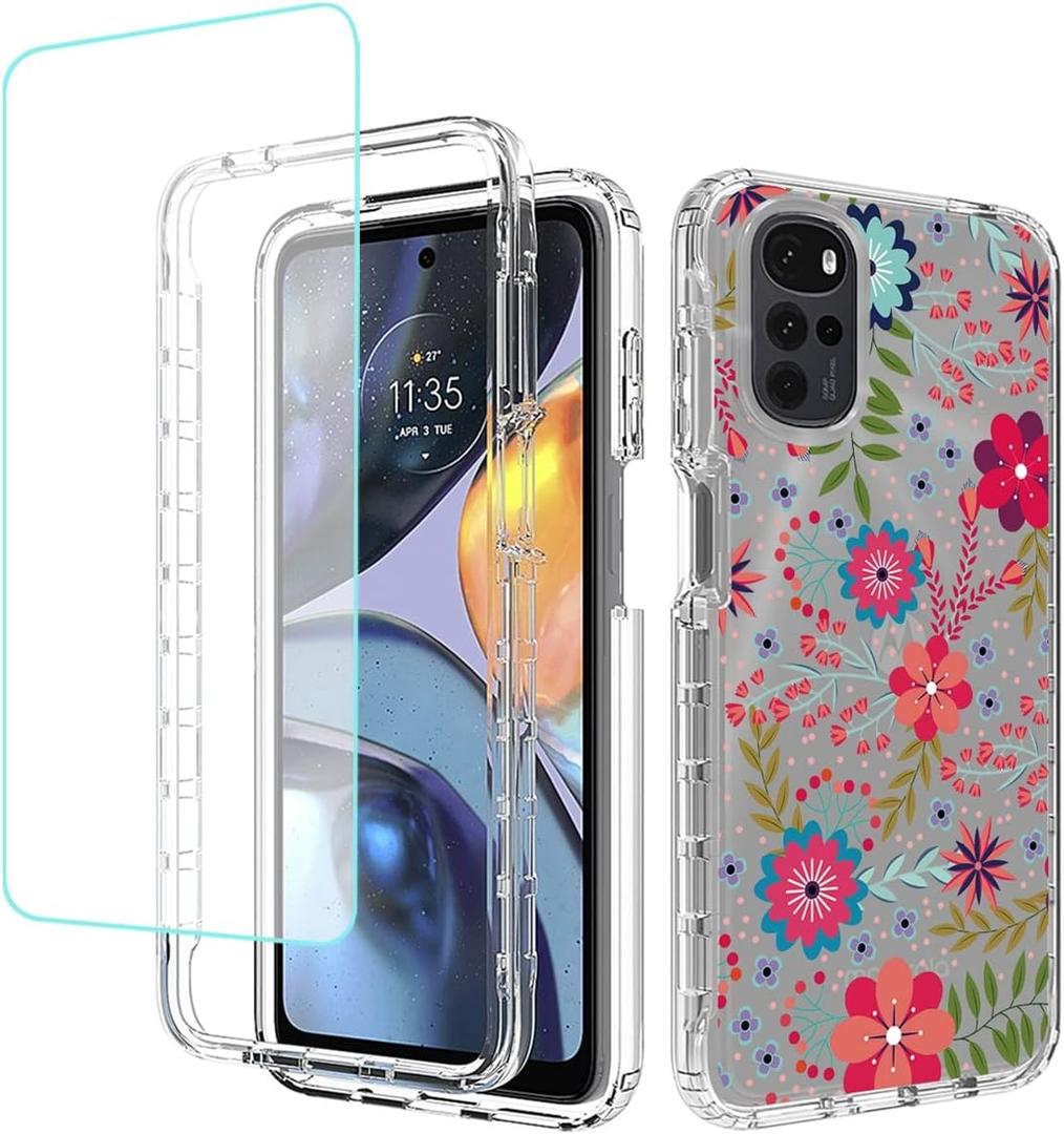 Case for Moto E32/Moto E32S/Moto G22 XT2231-2 Case with Tempered Glass Screen Protector, Floral Crystal Clear TPU Shockproof Protective Armor Cover for Motorola Moto G22 (Floral Prints)