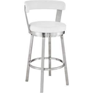 Armen Living Bryant Modern 26" Seat Height White Faux Leather and Brushed Stainless Steel Metal Swivel Bar Stool for Kitchen Island Counter