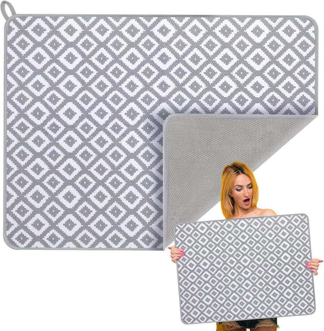 Hushee 2 Pack Extra Large Dish Drying Mat Hide Stain Dish Drying Pad Large Size Dishes Drainer Mats for Countertop, Sink, Refrigerator or Dryer, 30 x 24 Inch (Classic)