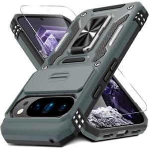 DEERLAMN Case for Google Pixel 10 Pro XL with Slide Camera Cover+Screen Protector(1 Pack), Rotated Ring Kickstand Military Grade Shockproof Protective Cover-Grey