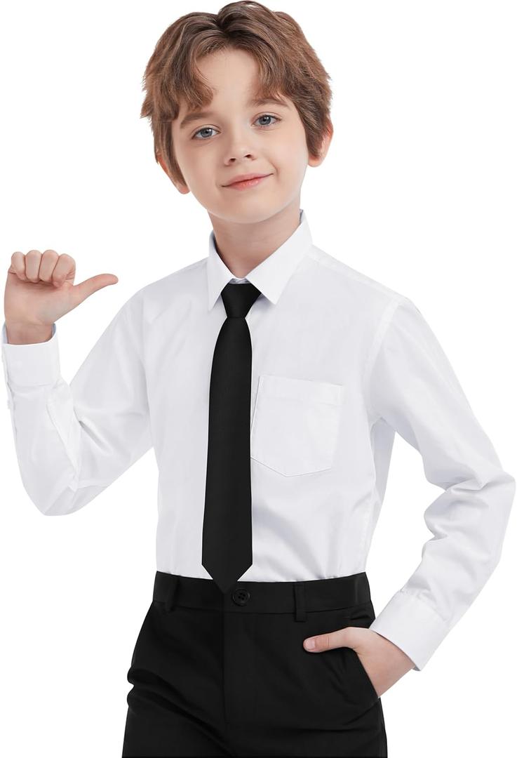 Boys Dress Shirts Long Sleeve, Boys Button Down Shirt Wrinkle-Free for Formal & Casual (Not Tie) (White)