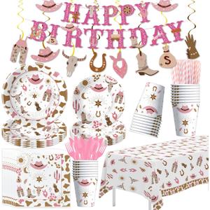 Western Cowgirl Party Decorations for Birthday Baby Shower, Wild West Pink Cowgirl Birthday Party Supplies, Paper Plate, Napkin, Cup, Tablecloth, Banner, Swirls, Cutlery, 24 Guests