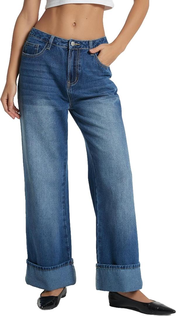 D-Sun Women Wide Leg Jeans Baggy High Rise Cuffed Jeans Casual Trendy Loose Denim Pants (Blue, 28)